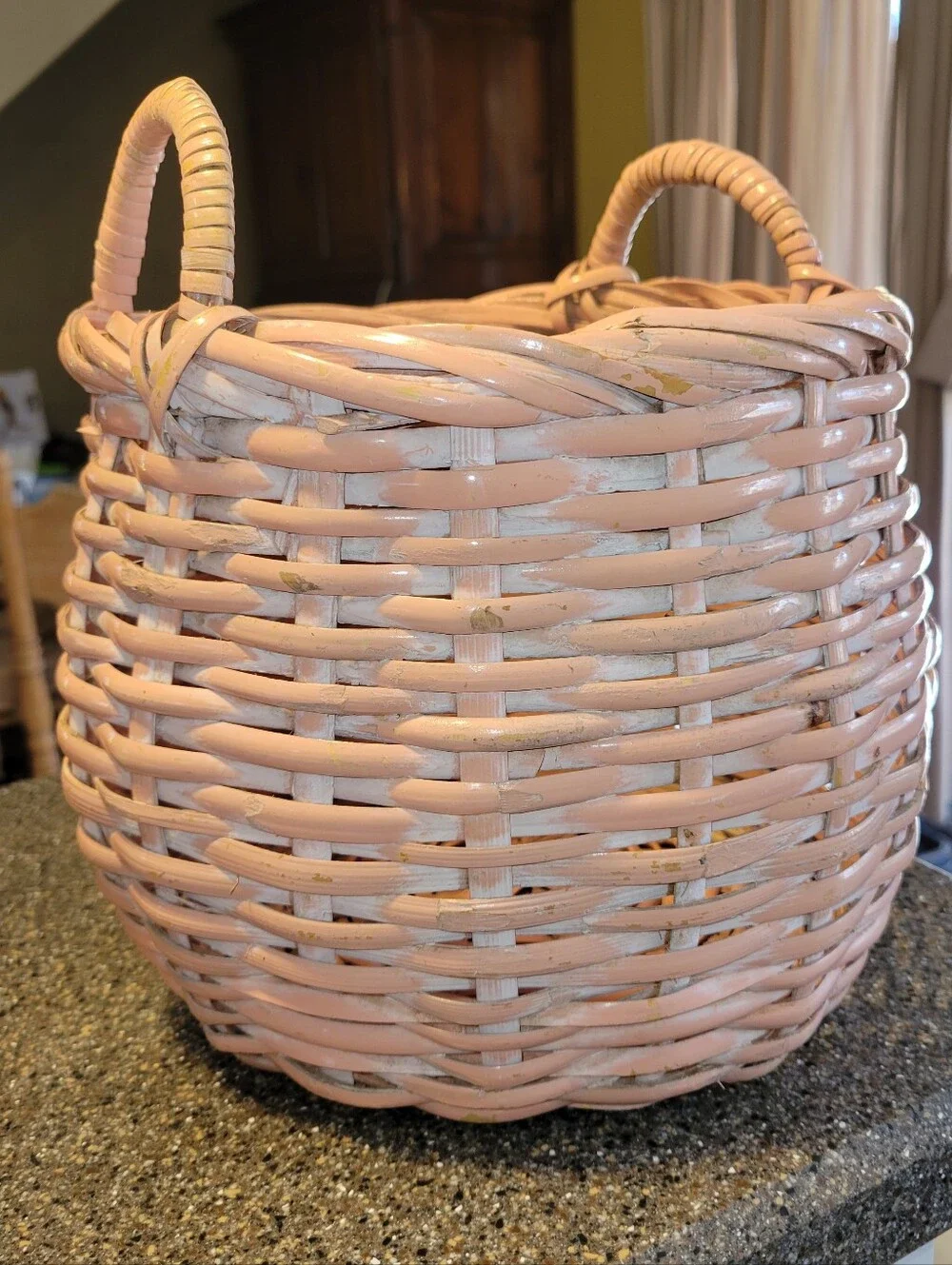 Vintage 90s Pink Wicker Basket Round Storage Boho Cottagecore Decor